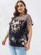 Mesh Patchwork Floral Print O-neck Short Sleeve Plus Size Blouse for Women - Navy