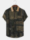 Mens Letter Attractions Print PU Leather Collar Street Short Sleeve Shirts - Brown