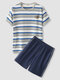 Men Cotton Hit Striped Icon Pattern Breathable Short Sleeve Soft Pajamas Sets - White