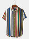 Mens Multi Color Strips Button Up Preppy Short Sleeve Shirts - Blue