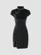Solid Disc Buckle Cheongsam Tight Dress - Black