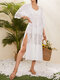 Women Patchwork Lace Drop Shoulder Split Hem Cover Up Beach Dress - White