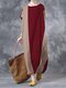 Vintage Contrast Color Loose O-neck Short Sleeve Dress For Women - Wine Red