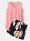 Women V-Neck Pink Tank Top & Floral Print Shorts Cotton Home Pajama Sets - Black