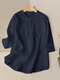 Solid 3/4 Sleeve Pocket Button Front Stand Collar Casual Blouse - Navy