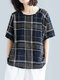 Plaid Letter Print Short Sleeve Round Neck Casual Blouse - Navy