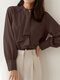 Women Plain Stand Collar Ruffle Trim Long Sleeve Shirt - Coffee