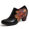 SOCOFY Retro Hand Painted Flowers Pattern Stitching Genuine Leather Zipper Pumps - Black