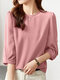 Women Solid Texture Crew Neck Casual 3/4 Sleeve Blouse - Pink