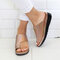 Women Daily Solid Color Slip Resistant Clip Toe Wedges Slippers - Gold
