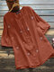 Floral Embroidery O-neck Button Short Sleeve Women Loose Blouse - Orange