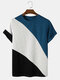 Mens Knit Color Block Panel Patchwork Loose Preppy Short Sleeve T-Shirts - Blue