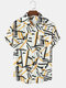 Mens All Over Random Line Print Button Front Short Sleeve Shirts - White
