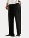 Mens Cotton Linen Loose Comfortable Elastic Waist Solid Color Patchwork Pants - Black