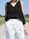 Camiseta sin mangas de algodón informal sin mangas con cuello en V sólido para Mujer - Negro