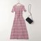D1172-European Style Women's Season New Round Neck Geometric Print Short-sleeved Pleated Dress - Pink
