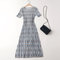 D1172-European Style Women's Season New Round Neck Geometric Print Short-sleeved Pleated Dress - Light Blue