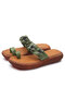 SOCOFY Leather Floral Round Toe Platform Flat Women's Flip Flop Sandals - Green