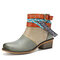 Socofy Retro Solid Splicing Handmade Weaving Straps Leder seitlicher Reißverschluss Chunky Heel Short Boots - Grün