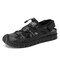 Men Hand Stitching Leather Non Slip Elastic Lace Casual Sandals - Black