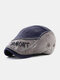 Men Washed Distressed Cotton Color Contrast Patchwork Letter Embroidery Casual Beret Flat Cap - Dark Blue