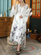 Women Crane Pattern Faux Silk Knotted Smooth Luxury Home Robes - White