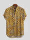 Mens Wave Ponit Patchwork Stand Collar Short Sleeve Casual Loose Henley Shirts - Yellow