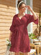 Plus Size Crossed Front Design 3/4 Length Sleeves Mini Dress - Red