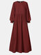 Women Ethnic Solid Color Puff Long Sleeve O-neck Dress - Wine Red