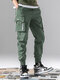 Mens Solid Color Multi Pocket 100% Cotton Drawstring Waist Cargo Pants - Green