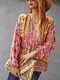 Bohemian Flower Print Button Long Sleeve Knotted Blouse - Pink