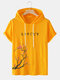 Mens Floral Japanese Print Short Sleeve Drawstring Hooded T-Shirts - Yellow