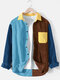 Mens Corduroy Color Bolck Stitching Patchwork Casual Shirts - Blue