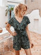 Leopard Print V-neck Ruffled Sleeves Casual Jumpsuit For Women - Green