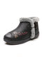 Women Snow Boots Casual Flowers Pattern Fluff Warm Ankle Cotton Boots - Black