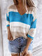 Contrast Color Hollow 3/4 Sleeve V-neck Casual Sweater For Women - Blue
