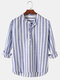Mens Basic Striped Cotton High Low Hem Stand Collar Casual Long Sleeve Henley Shirts - Blue