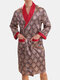 Men Geometric Faux Silk Pajamas Robe Soft Classical Drawstring Loungewear Bathing Suits - #02