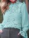Lace Stitch Solid Ruffle Long Sleeve Blouse For Women - Green