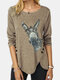 Women Animal Print Button Long Sleeve Casual T-Shirt - Khaki
