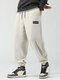 Mens Solid Color Applique Corduroy Drawstring Waist Daily Cuffed Pants - Beige