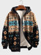 Mens Ethnic Geometric Print Button Front Loose Hooded Jacket - Black