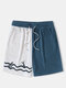 Mens Fish Wave Embroidery Patchwork Corduroy Drawstring Waist Shorts - Blue