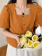 Puff Sleeve Square Collar Solid Button Front Blouse - Orange