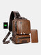 Men Vintage Multifunction PU Leather Earphone Hole USB Charging Crossbody Bag Chest Bag Sling Bag - Brown(include sling bag & wallet
