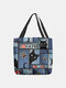Women Felt Cat Pattern Printing Handbag Shoulder Bag Tote - Blue