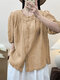 Feminino liso plissado botão frontal casual meia manga Camisa - Cáqui