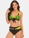 Plus Size Women Colorful Stripe Tie Front Halter Backless Bikinis Swimwear - Green