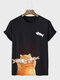Mens Cartoon Cat & Fish Print Crew Neck Short Sleeve T-Shirts - Black
