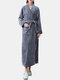 Women Flannel Thicken Long Sleeve Belted Home Robes With Pockets - Grey